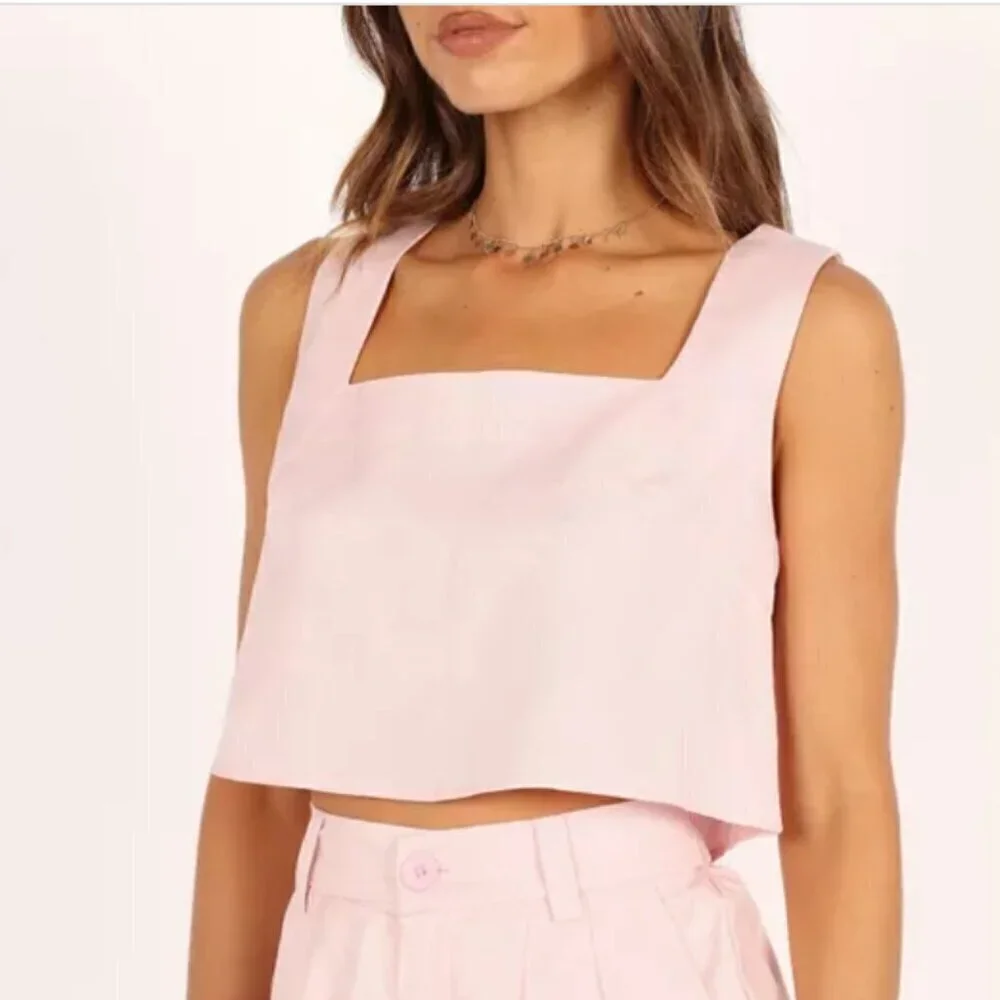 Petal & Pup Polly Pink Square Neck Linen Blend Crop Tank Top XL